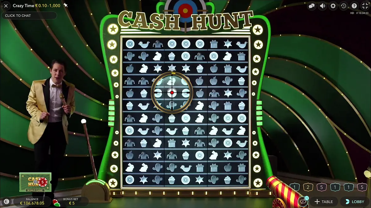 Il muro del Cash Hunt con i simboli coperti e il mirino