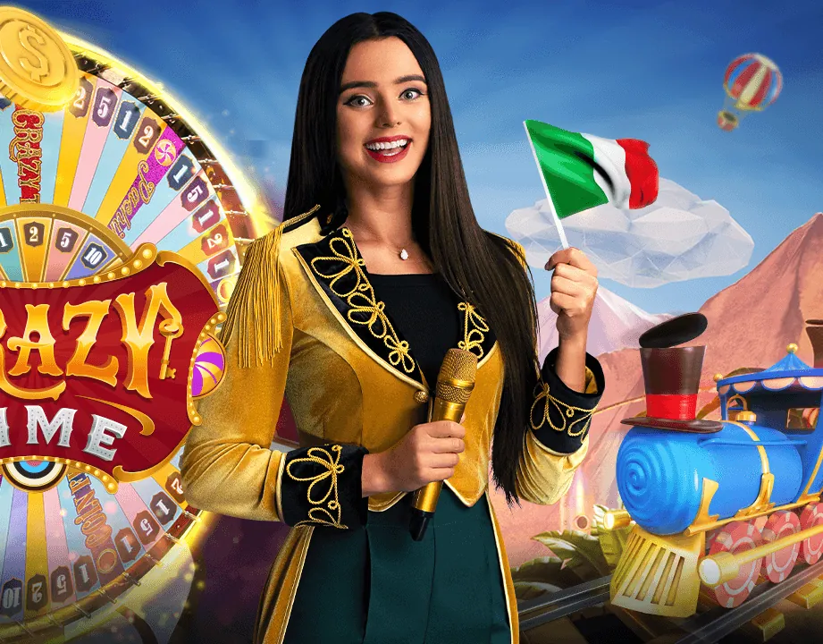 La presentatrice di Crazy Time Italia con la bandiera italiana accanto alla ruota