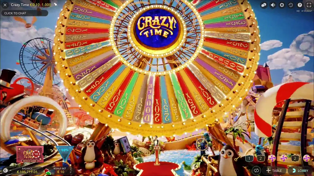 La ruota gigante del bonus Crazy Time con il logo al centro e il parco divertimenti attorno